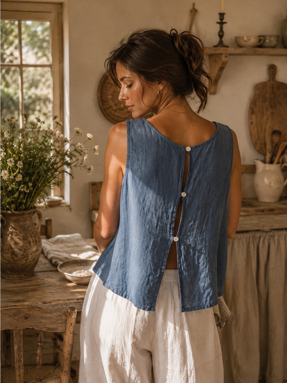 MADE IN ITALY | 100% Linen Tank Top | Button Open Back Summer Blouse